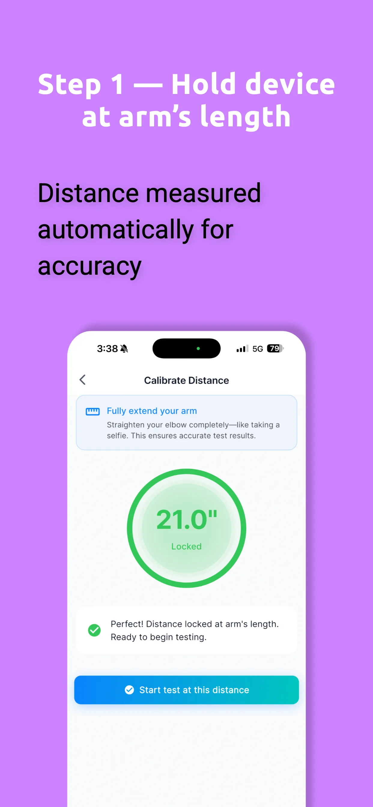QuickAcuity distance calibration screen showing eye distance measurement